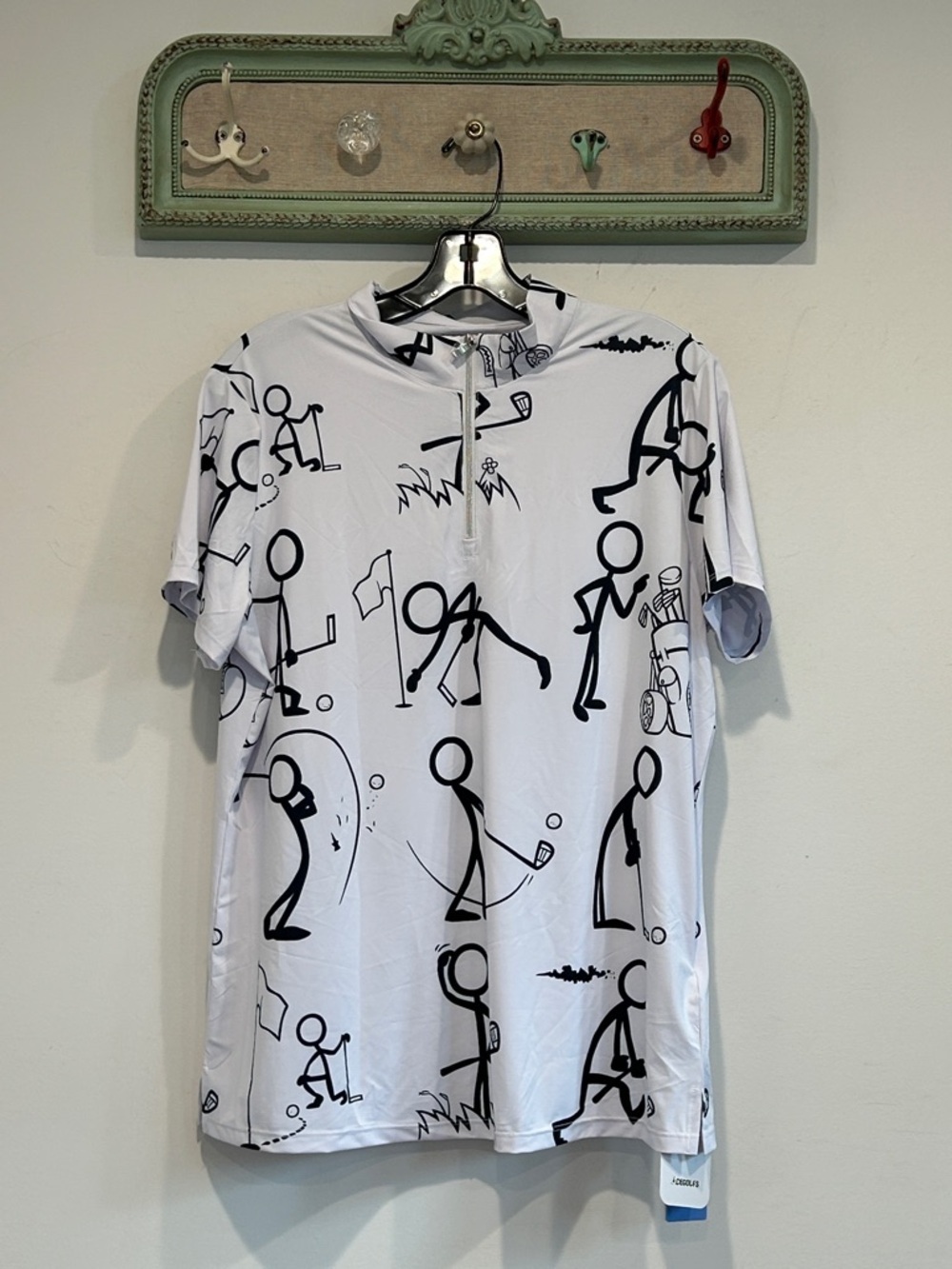 Acegolfs Men's White TEE Black Stick-Figure Golf Print quarter zip shirt xl new